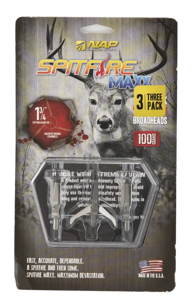 NAP SPITFIRE MAXX W/ TROPHY TIP 100GR 3 BLADE  3/PK EXPANDABLE BROADHEADS